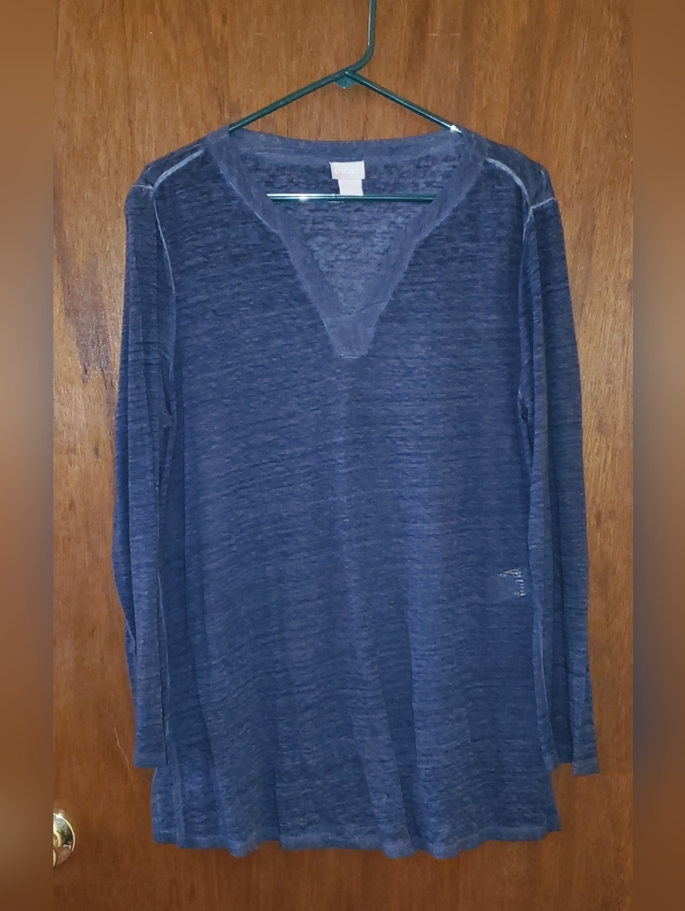 Chico's Navy Heather Linen V-Neck Pullover Top Sz 1